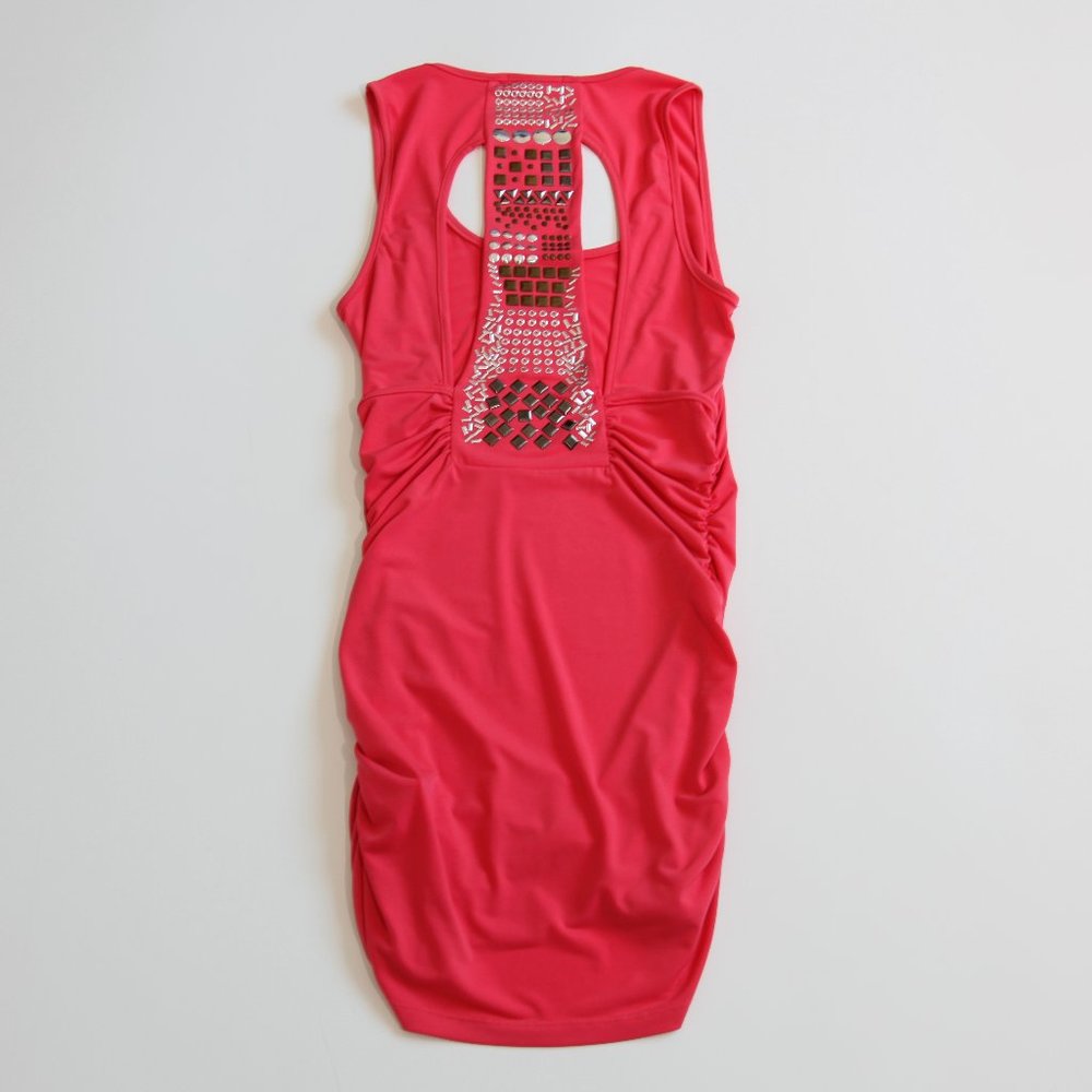 Grass Collection Beaded Bodycon Dress Cutout Back Ruche Scoop Neck Sleeveless